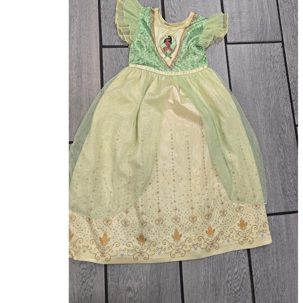 Disney Princess Tiana Nightgown Girls 5T Green Yellow Flutter Sleeve Tulle Dress